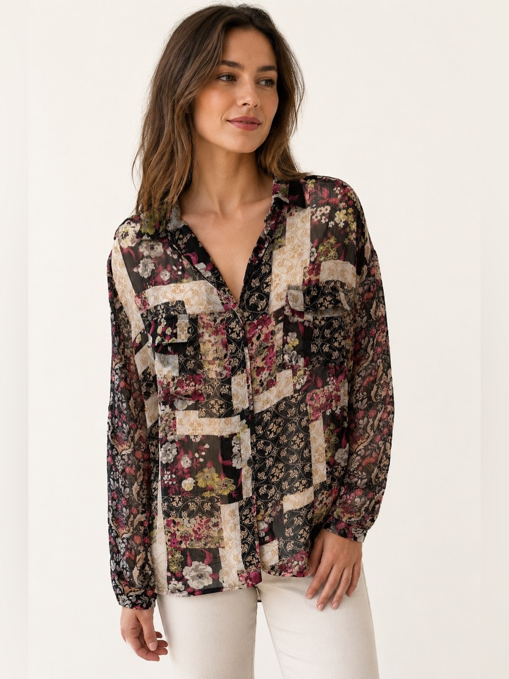 Band of Gypsies Patchwork Blouse Floral Sheer Tunic L
